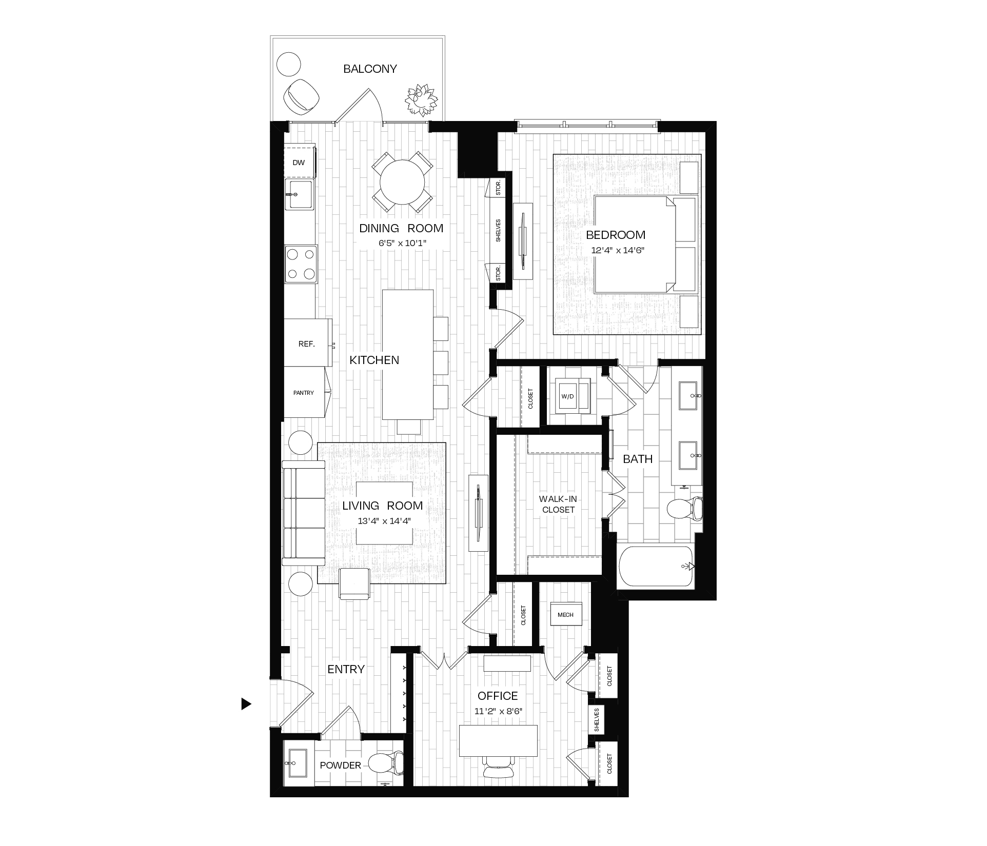 Floor plan for 1 bed, 1.5 baths, 1139 sqft